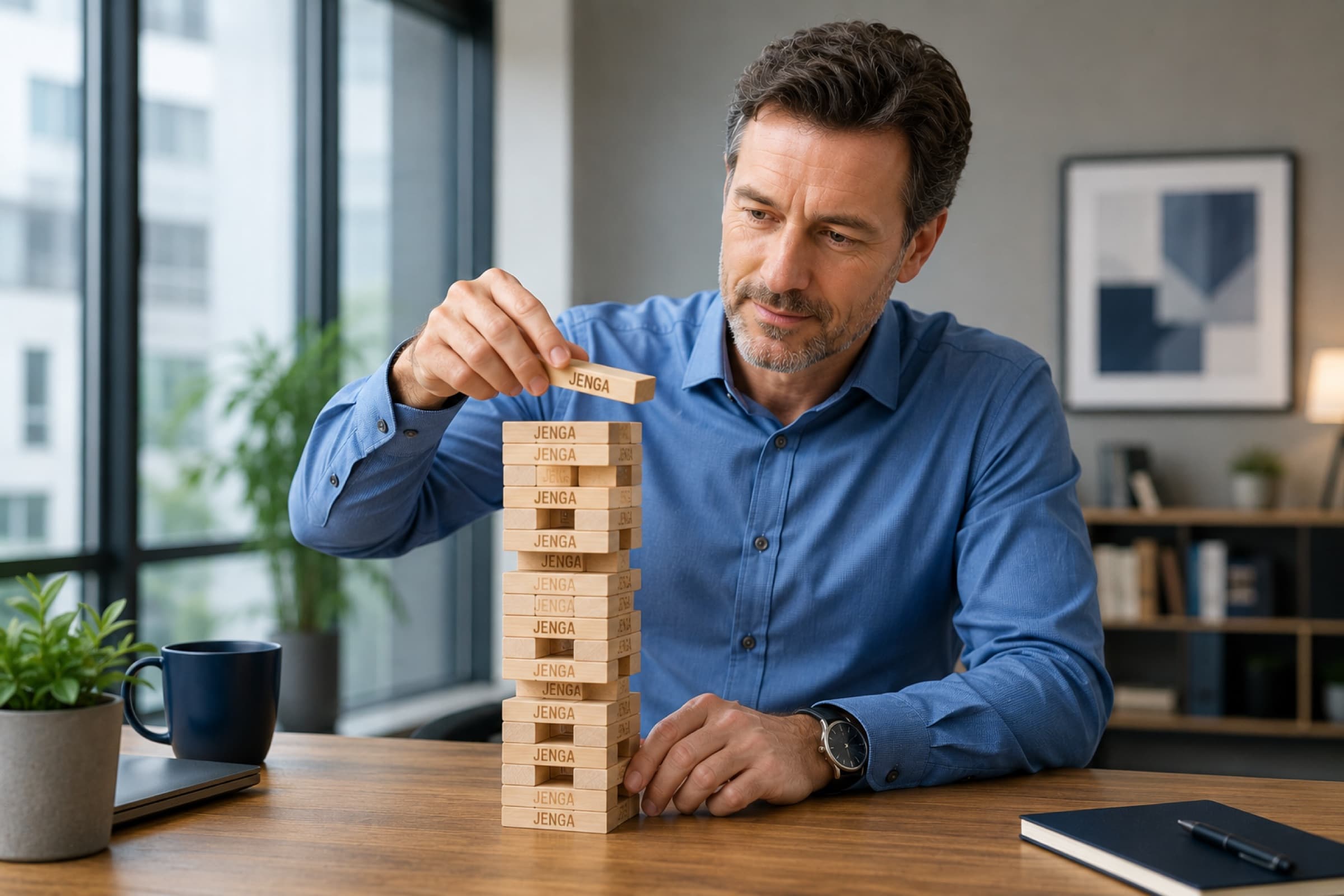 Someone at a desk placing one more block on top of a tall stack of wooden blocks